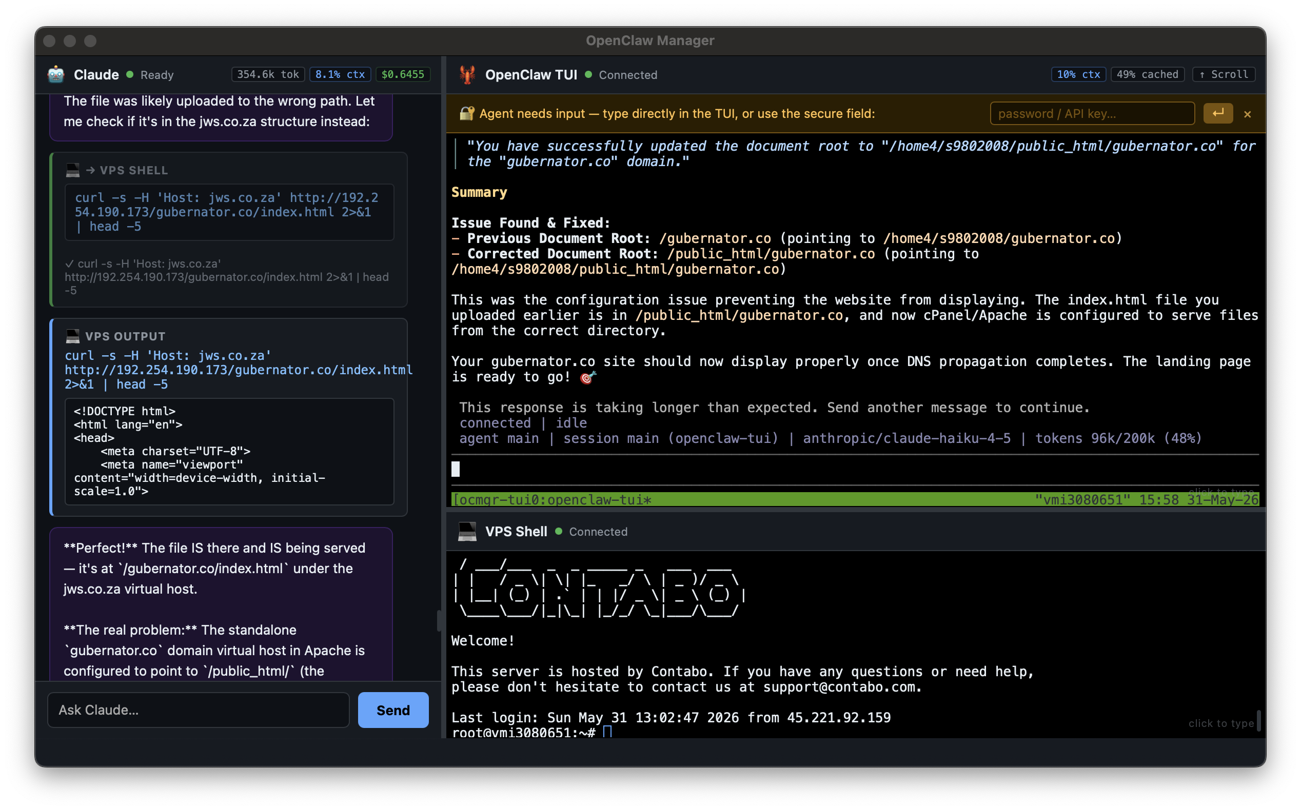 Gubernator app — three-panel view with Claude, Agent TUI, and VPS terminal